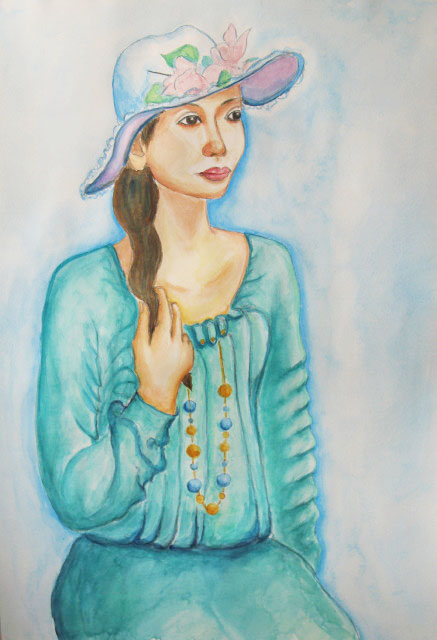 コバルトグリーン・ワンピースの女性