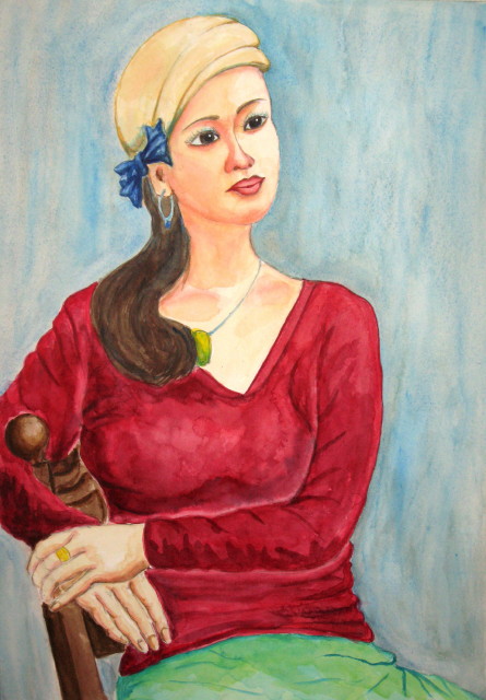 赤いセーターの女性