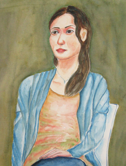 ブルーカーディガンの女性