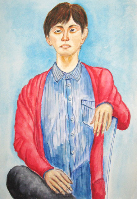 赤いカーディガンの青年