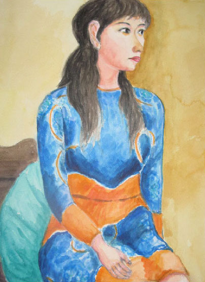 ブルーとオレンジのワンピースが似合う女性