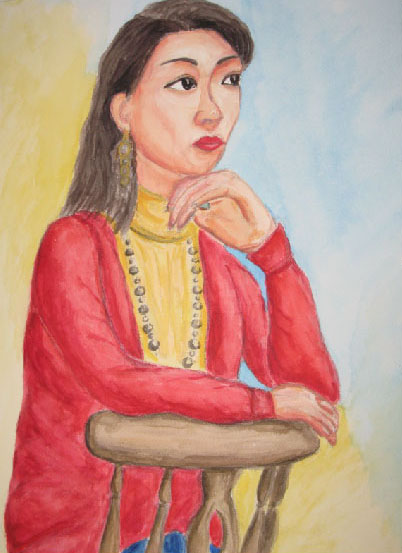 赤いカーディガンの女性