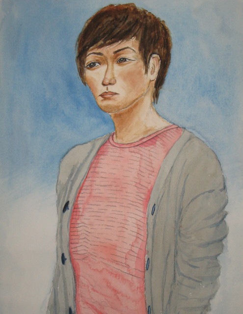 ローズボーダーTシャツの青年