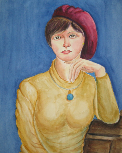 深紅のベレー帽子の女性