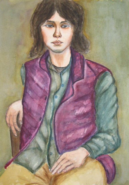 ワインレッド ベストの青年