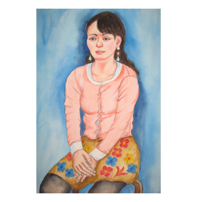 サーモンピンク・カーデガンの女性