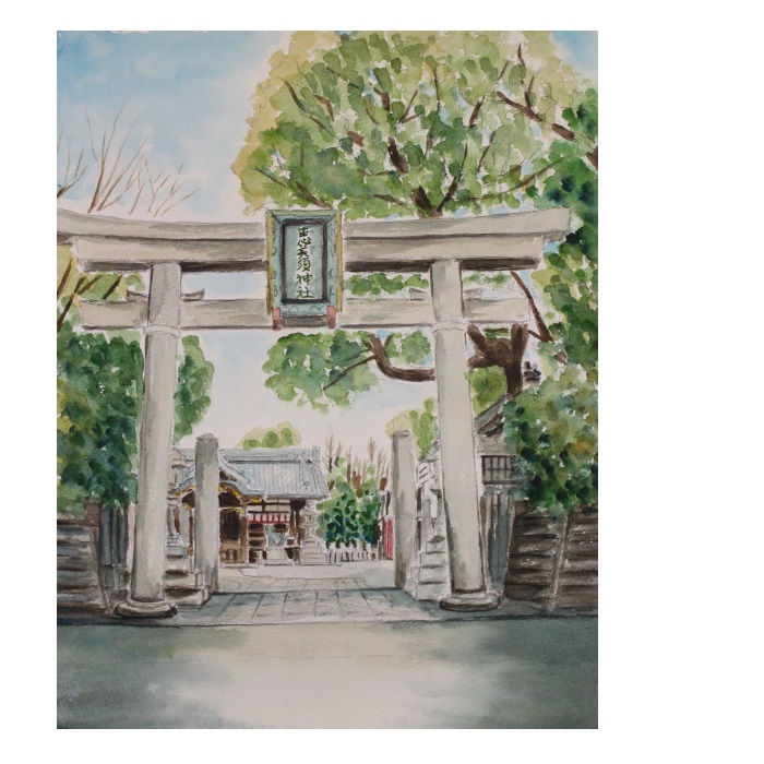 水彩画「近くの神社」 - 美術品